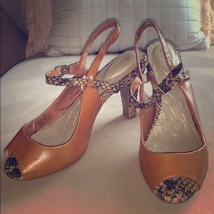 Cute brown and snake skin sling backs